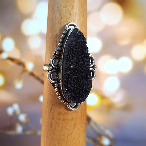 Black Titanium Druzy Gemstone Sterling Silver Plated Ring Size 9 - Picture 3 of 8